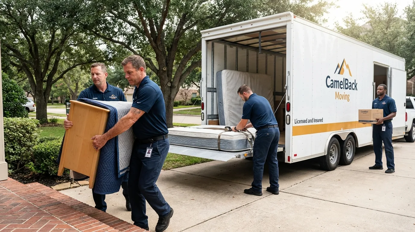 Crew loading residential truck for cross-state move from Boling, TX