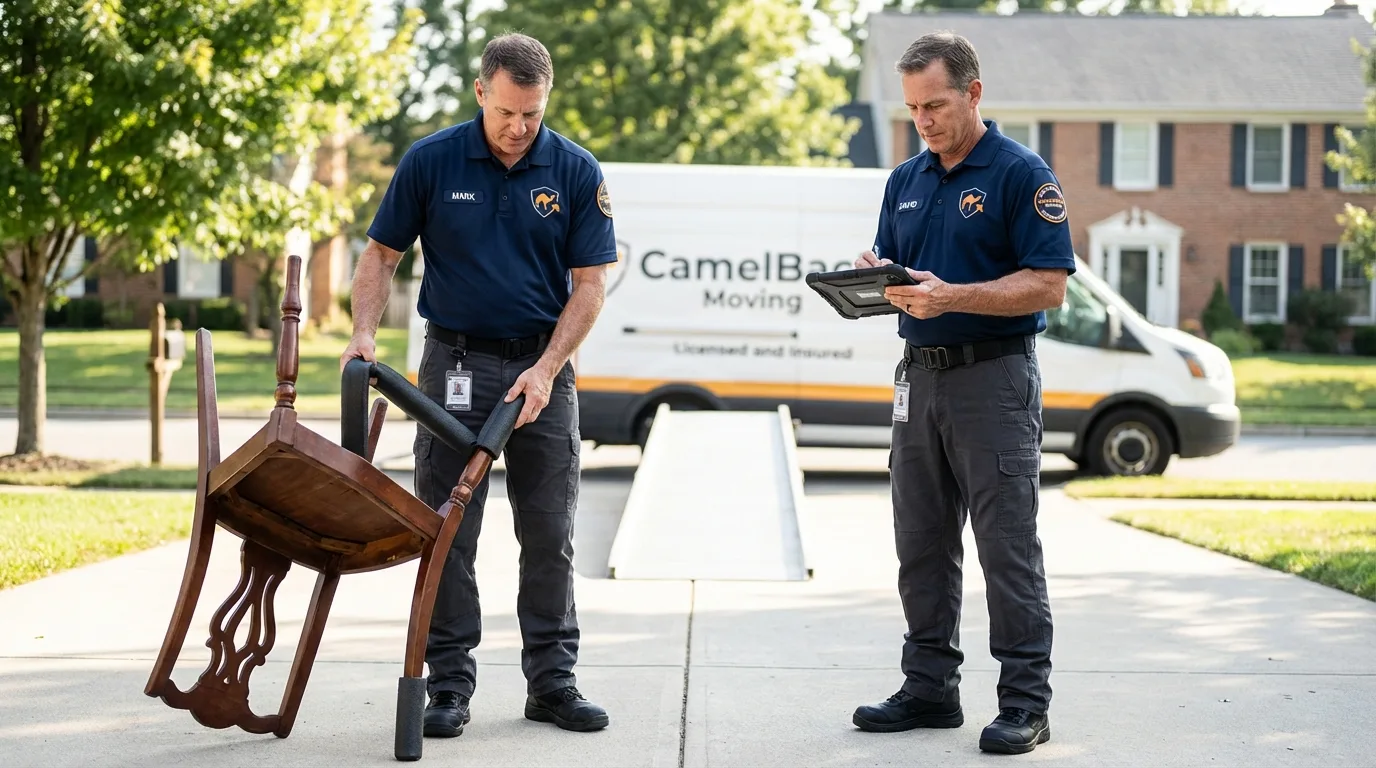 Movers inspecting furniture for damage prevention before loading in Boling, TX